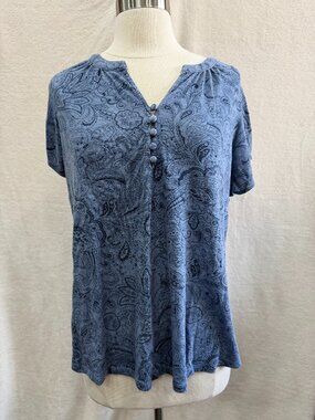 Liz Claiborne Paisley Top XL Blue Boho Short Sleeve Blouse Lightweight